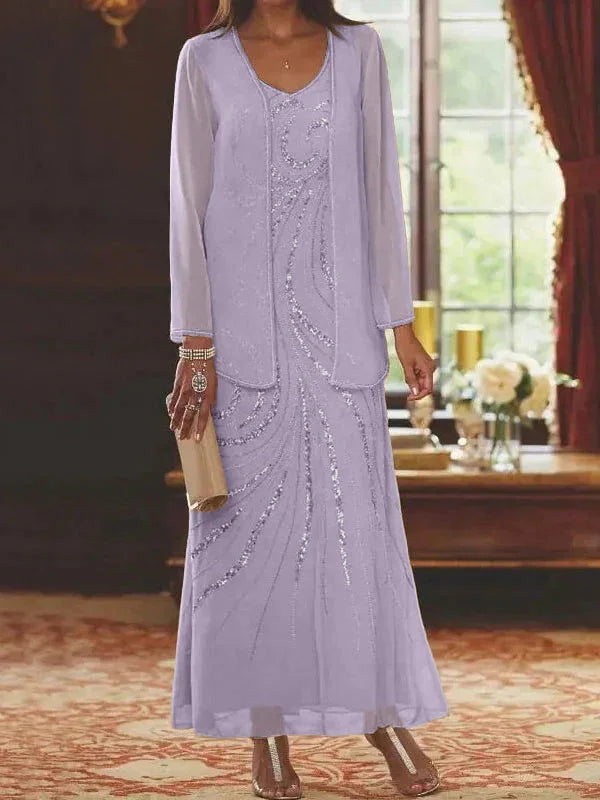 Vestidos de madre de la novia ajustados/columnas con escote en V y largo hasta el tobillo, con chaqueta y lentejuelas
