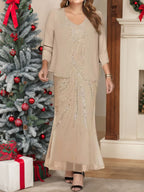 Plus Size V Neck Ankle Sheath Dress With Sequins Jacket For Mother Of The Bride