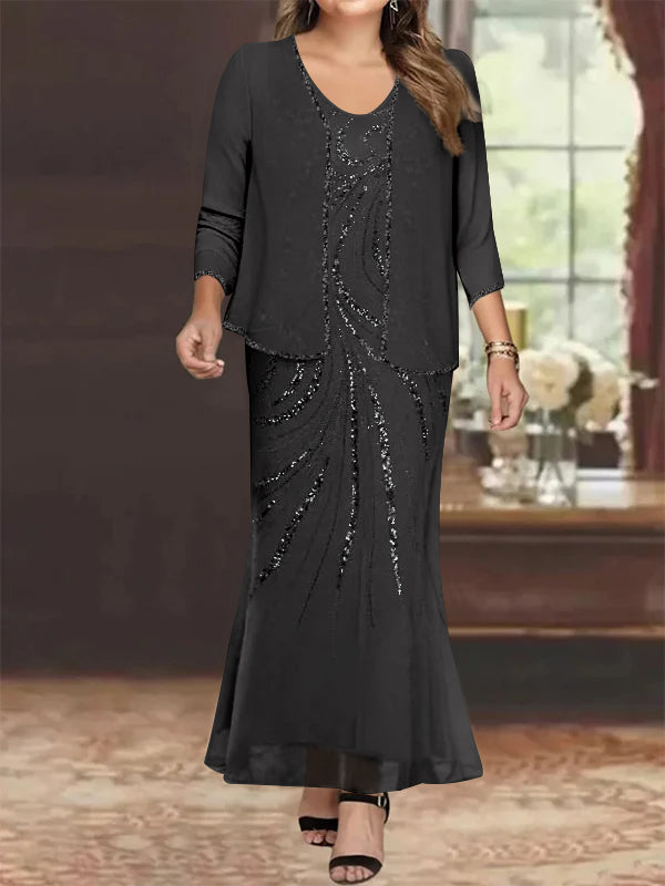Plus Size V Neck Ankle Sheath Dress With Sequins Jacket For Mother Of The Bride