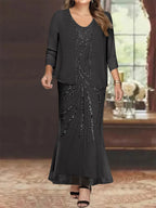 Plus Size V Neck Ankle Sheath Dress With Sequins Jacket For Mother Of The Bride