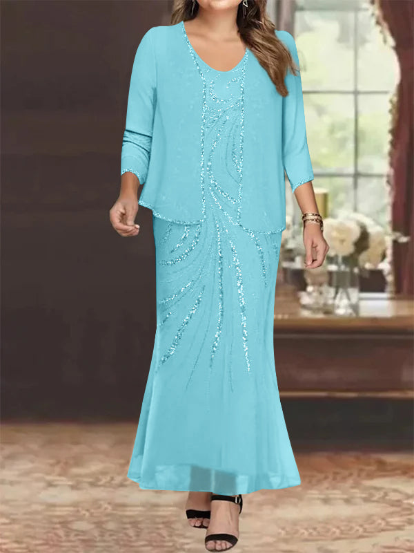 Plus Size V Neck Ankle Sheath Dress With Sequins Jacket For Mother Of The Bride
