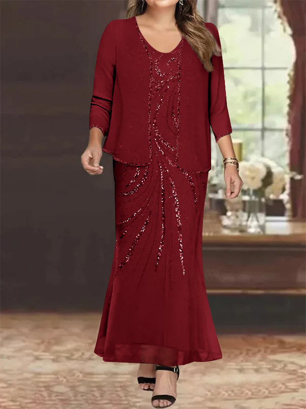 Plus Size V Neck Ankle Sheath Dress With Sequins Jacket For Mother Of The Bride