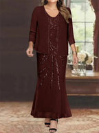 Plus Size V Neck Ankle Sheath Dress With Sequins Jacket For Mother Of The Bride