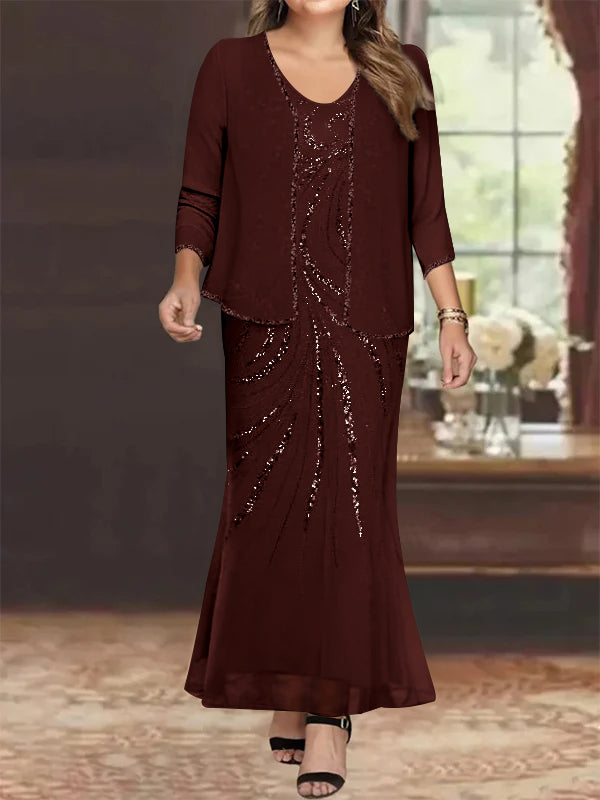 Plus Size V Neck Ankle Sheath Dress With Sequins Jacket For Mother Of The Bride