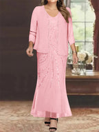 Plus Size V Neck Ankle Sheath Dress With Sequins Jacket For Mother Of The Bride