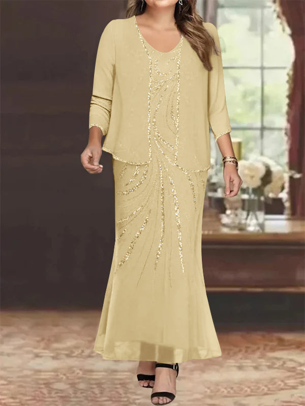Plus Size V Neck Ankle Sheath Dress With Sequins Jacket For Mother Of The Bride