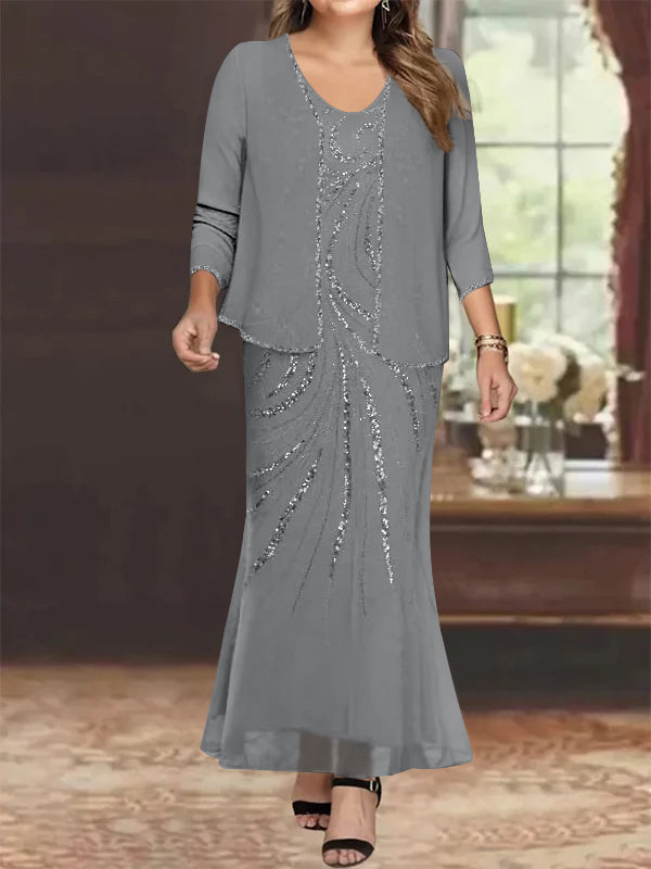 Plus Size V Neck Ankle Sheath Dress With Sequins Jacket For Mother Of The Bride