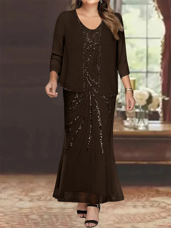 Plus Size V Neck Ankle Sheath Dress With Sequins Jacket For Mother Of The Bride