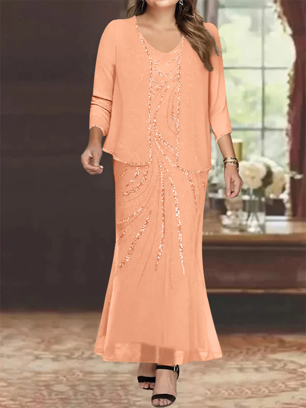 Plus Size V Neck Ankle Sheath Dress With Sequins Jacket For Mother Of The Bride