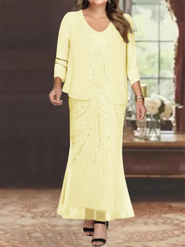 Plus Size V Neck Ankle Sheath Dress With Sequins Jacket For Mother Of The Bride