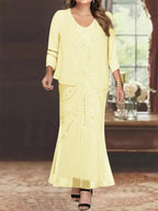 Plus Size V Neck Ankle Sheath Dress With Sequins Jacket For Mother Of The Bride