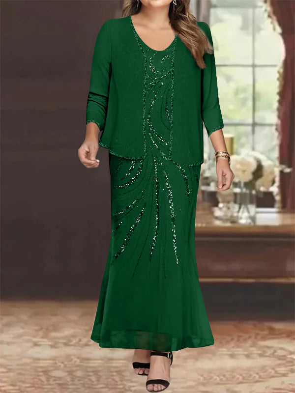 Plus Size V Neck Ankle Sheath Dress With Sequins Jacket For Mother Of The Bride