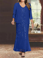 Plus Size V Neck Ankle Sheath Dress With Sequins Jacket For Mother Of The Bride