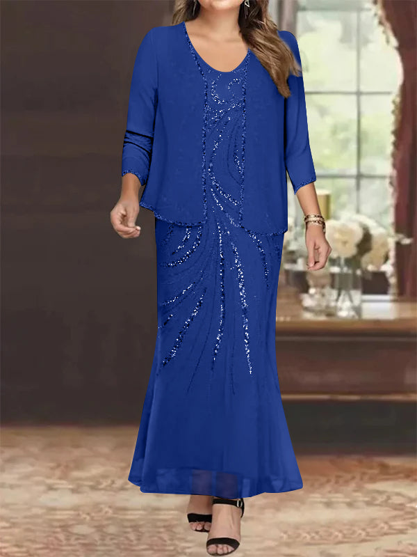 Plus Size V Neck Ankle Sheath Dress With Sequins Jacket For Mother Of The Bride
