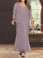Plus Size V Neck Ankle Sheath Dress With Sequins Jacket For Mother Of The Bride