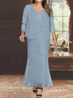 Plus Size V Neck Ankle Sheath Dress With Sequins Jacket For Mother Of The Bride