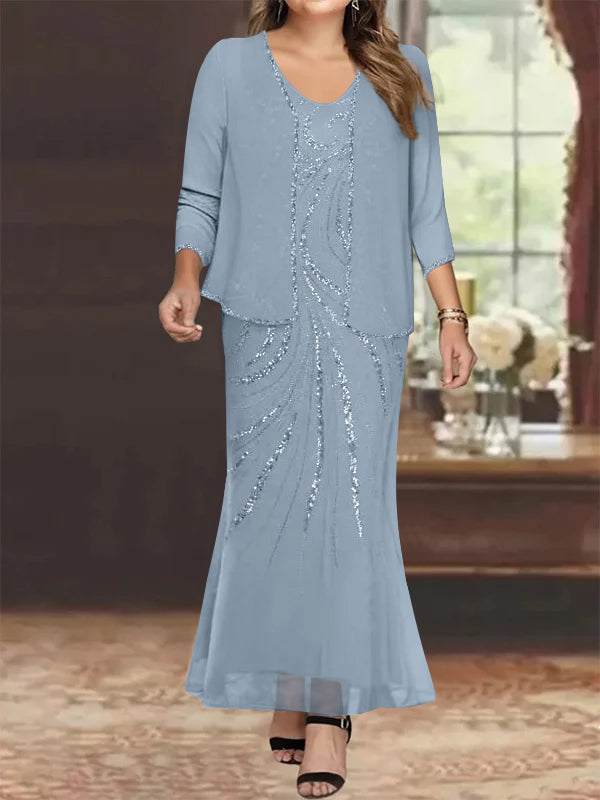 Plus Size V Neck Ankle Sheath Dress With Sequins Jacket For Mother Of The Bride
