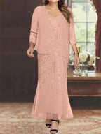 Plus Size V Neck Ankle Sheath Dress With Sequins Jacket For Mother Of The Bride