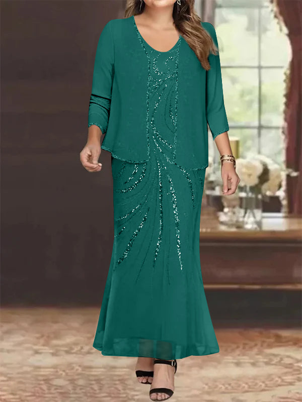 Plus Size V Neck Ankle Sheath Dress With Sequins Jacket For Mother Of The Bride