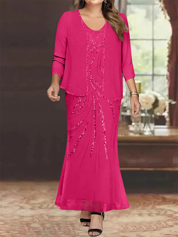 Plus Size V Neck Ankle Sheath Dress With Sequins Jacket For Mother Of The Bride