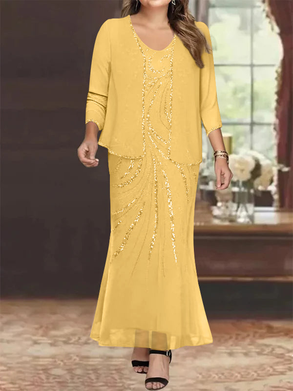 Plus Size V Neck Ankle Sheath Dress With Sequins Jacket For Mother Of The Bride