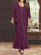 Plus Size V Neck Ankle Sheath Dress With Sequins Jacket For Mother Of The Bride
