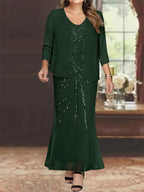 Plus Size V Neck Ankle Sheath Dress With Sequins Jacket For Mother Of The Bride