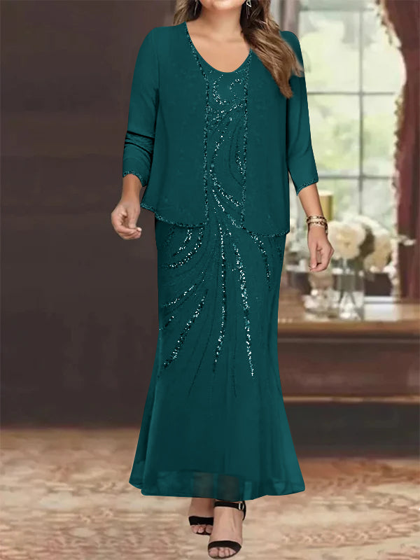 Plus Size V Neck Ankle Sheath Dress With Sequins Jacket For Mother Of The Bride