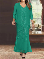 Plus Size V Neck Ankle Sheath Dress With Sequins Jacket For Mother Of The Bride