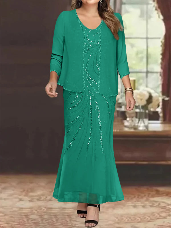 Plus Size V Neck Ankle Sheath Dress With Sequins Jacket For Mother Of The Bride