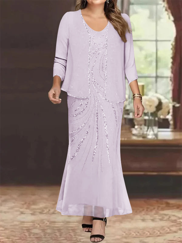 Plus Size V Neck Ankle Sheath Dress With Sequins Jacket For Mother Of The Bride