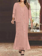 Plus Size V Neck Ankle Sheath Dress With Sequins Jacket For Mother Of The Bride