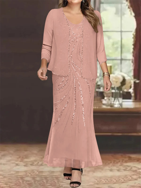 Plus Size V Neck Ankle Sheath Dress With Sequins Jacket For Mother Of The Bride