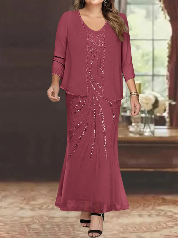Plus Size V Neck Ankle Sheath Dress With Sequins Jacket For Mother Of The Bride
