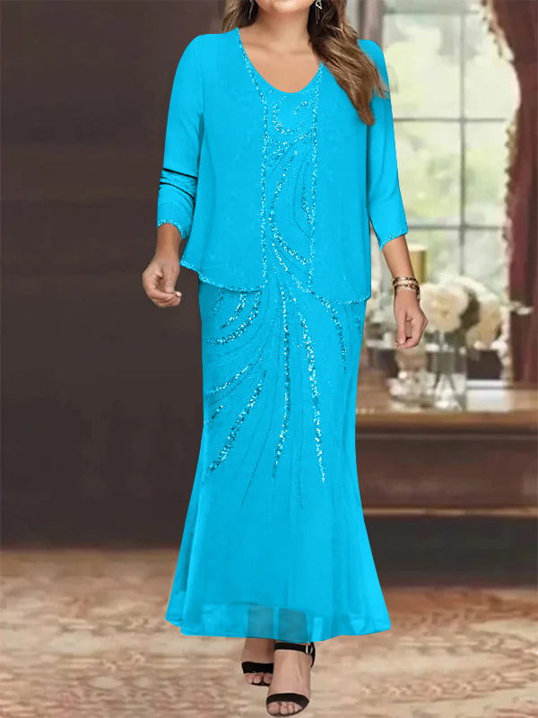 Plus Size V Neck Ankle Sheath Dress With Sequins Jacket For Mother Of The Bride