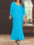 Plus Size V Neck Ankle Sheath Dress With Sequins Jacket For Mother Of The Bride