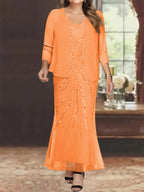 Plus Size V Neck Ankle Sheath Dress With Sequins Jacket For Mother Of The Bride