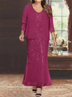 Plus Size V Neck Ankle Sheath Dress With Sequins Jacket For Mother Of The Bride