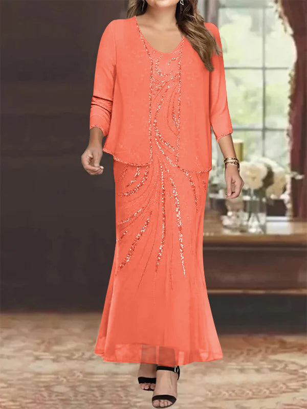Plus Size V Neck Ankle Sheath Dress With Sequins Jacket For Mother Of The Bride