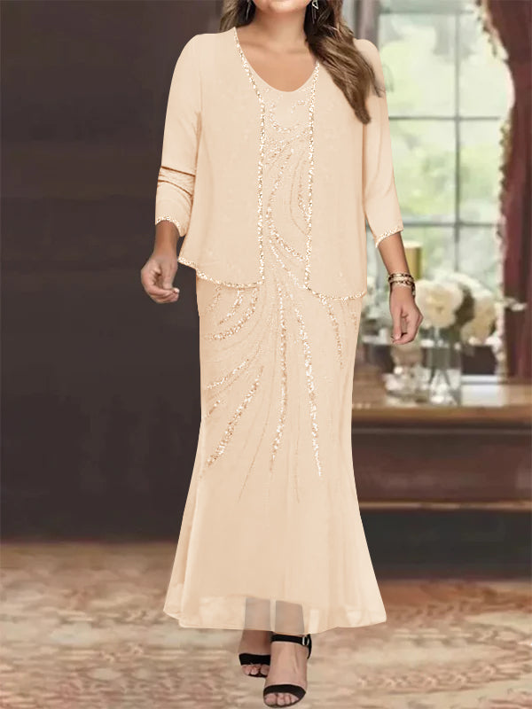 Plus Size V Neck Ankle Sheath Dress With Sequins Jacket For Mother Of The Bride