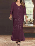 Plus Size V Neck Ankle Sheath Dress With Sequins Jacket For Mother Of The Bride