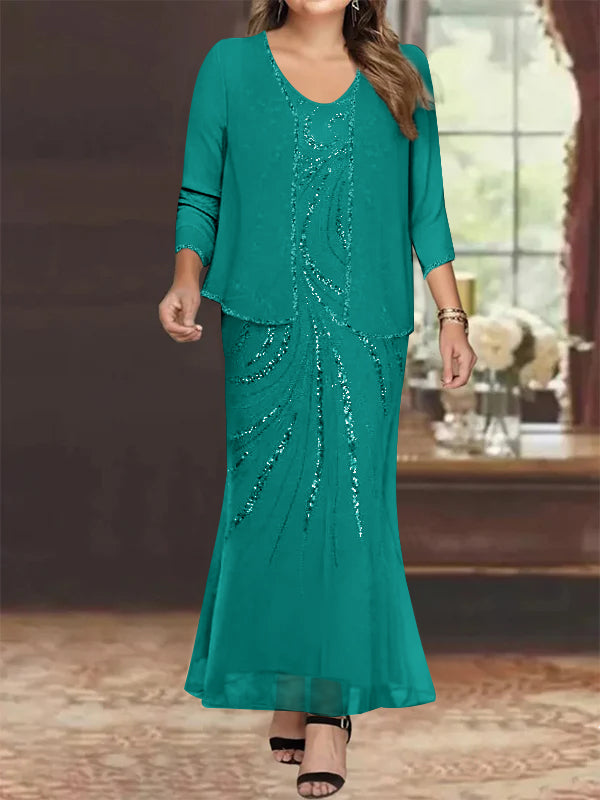 Plus Size V Neck Ankle Sheath Dress With Sequins Jacket For Mother Of The Bride