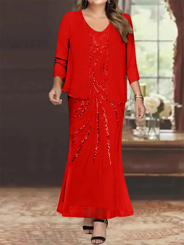 Plus Size V Neck Ankle Sheath Dress With Sequins Jacket For Mother Of The Bride