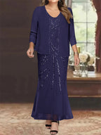 Plus Size V Neck Ankle Sheath Dress With Sequins Jacket For Mother Of The Bride