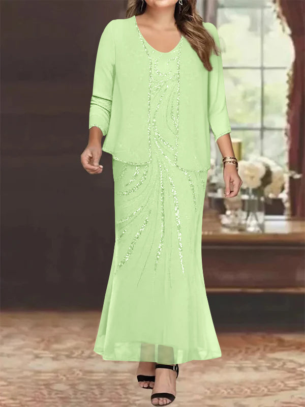 Plus Size V Neck Ankle Sheath Dress With Sequins Jacket For Mother Of The Bride