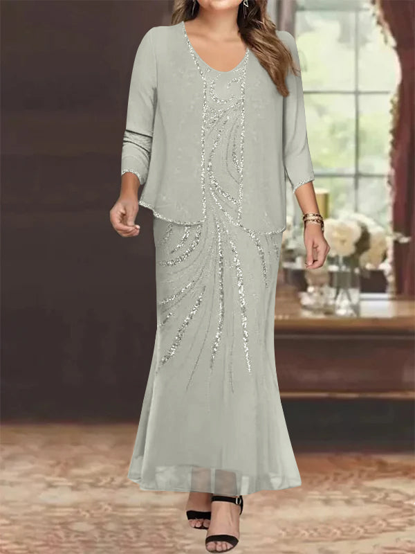 Plus Size V Neck Ankle Sheath Dress With Sequins Jacket For Mother Of The Bride