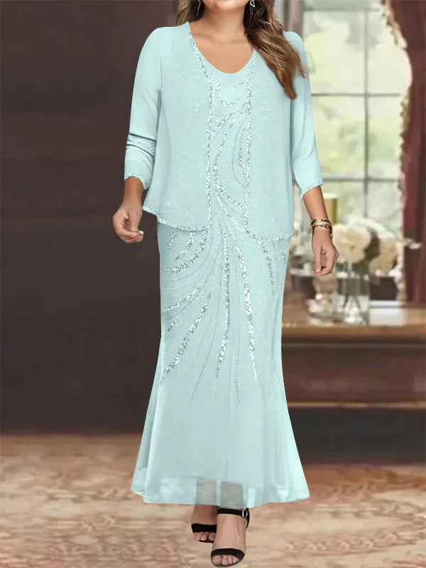 Plus Size V Neck Ankle Sheath Dress With Sequins Jacket For Mother Of The Bride