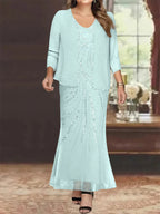 Plus Size V Neck Ankle Sheath Dress With Sequins Jacket For Mother Of The Bride