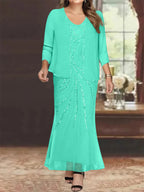 Plus Size V Neck Ankle Sheath Dress With Sequins Jacket For Mother Of The Bride