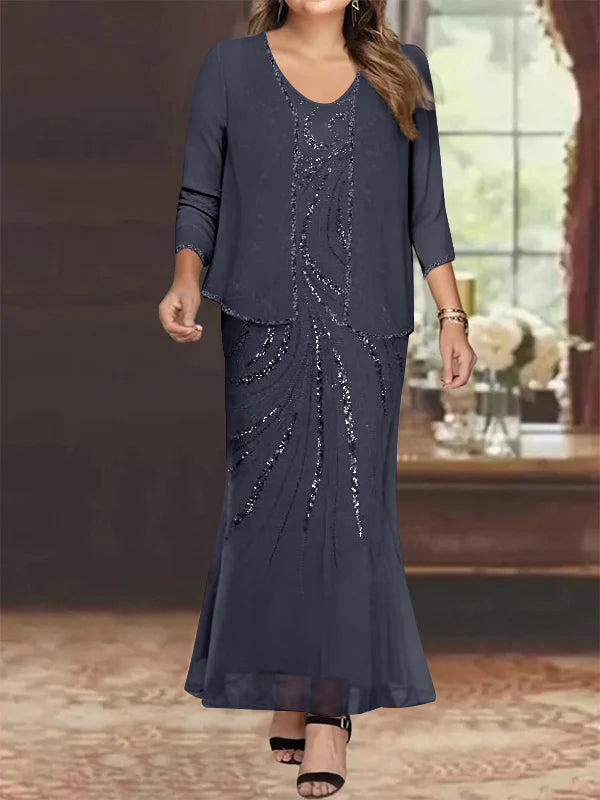 Plus Size V Neck Ankle Sheath Dress With Sequins Jacket For Mother Of The Bride